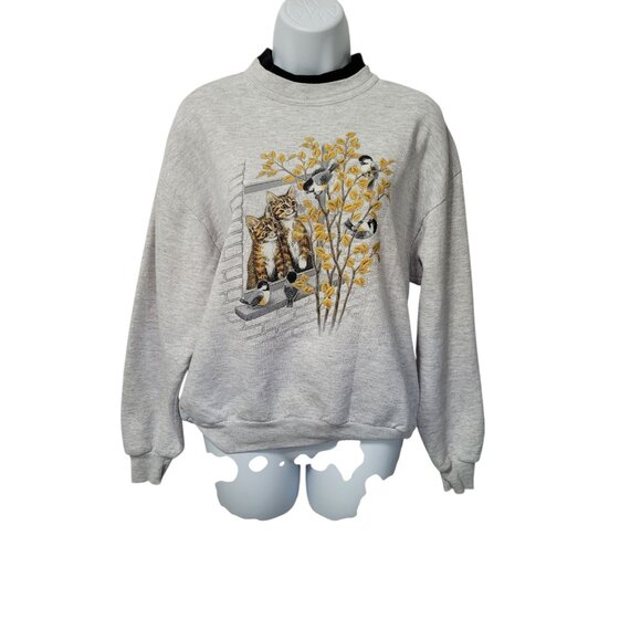 Vtg 90s Kitty Cat Double Crewneck Sweatshirt Medium Grandma Core Cats Birds USA - Picture 12 of 15